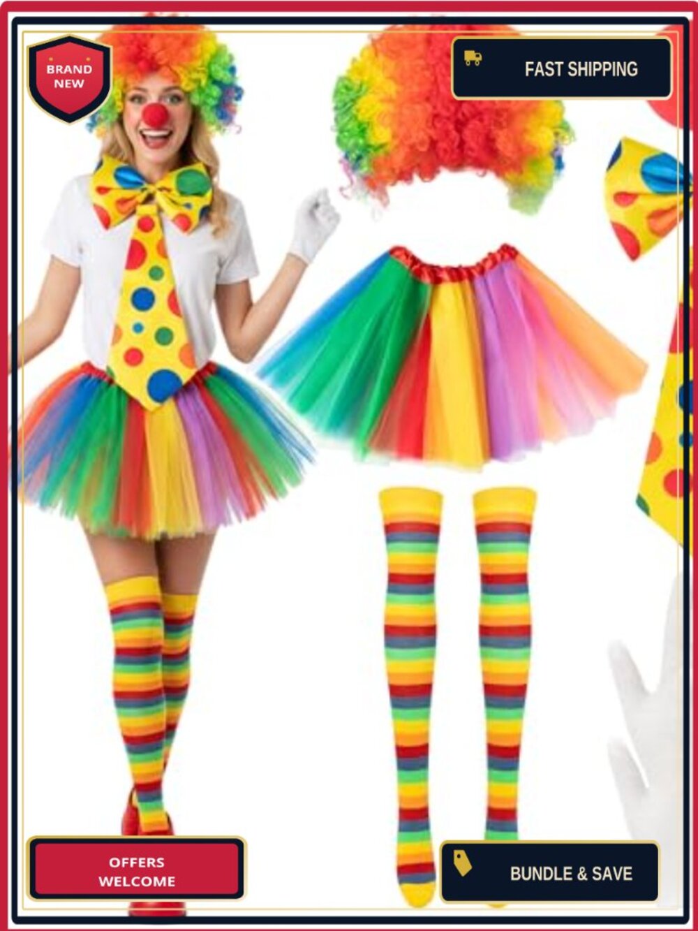 Women Circus Clown Costume Set 7 Piece Cosplay Accessories